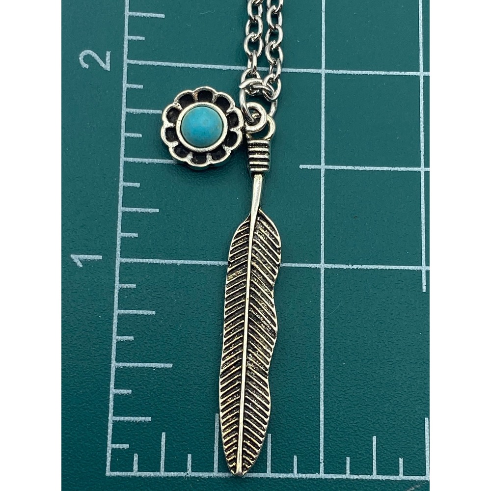 Necklace Silver Turquoise Feather Flower Boho Southwestern Summer Jewelry Charm
